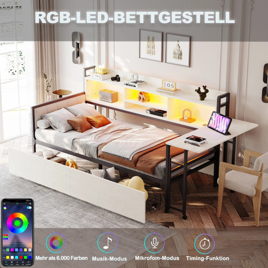Letto singolo multifunzione 90x200 cm con LED, scrivania e cassetti