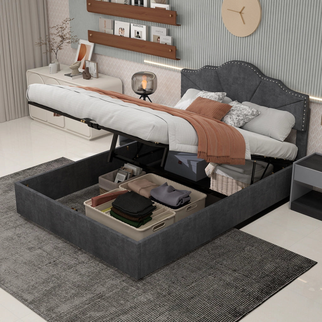 Letto Contenitore Imbottito ¨C MINIMAL ¨C Grigio 160x200 con Testiera, Doghe e Sollevamento Idraulico