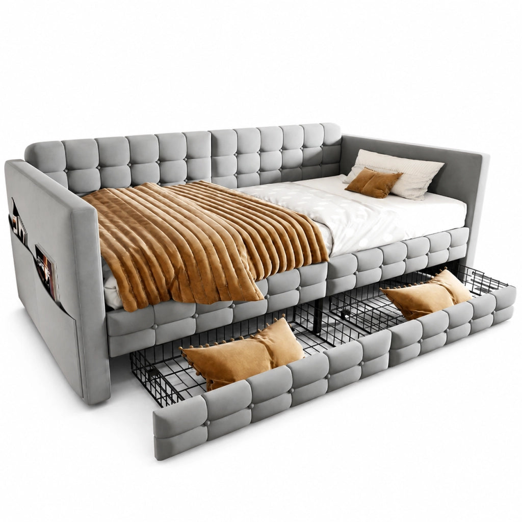Letto imbottito 90x190 cm con contenitore e tasche in velluto grigio chiaro