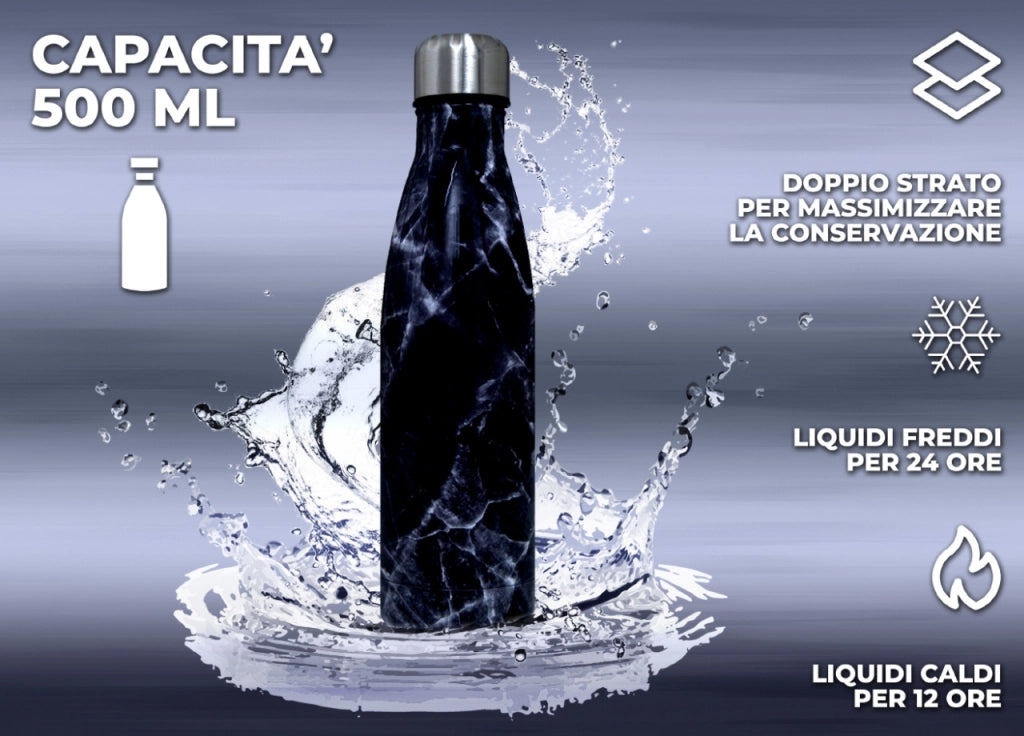 Borraccia Termica Marmo 500ml Bottiglia Acqua Thermos Caffè Bevande Calde Acciaio - Borraccia - Nero