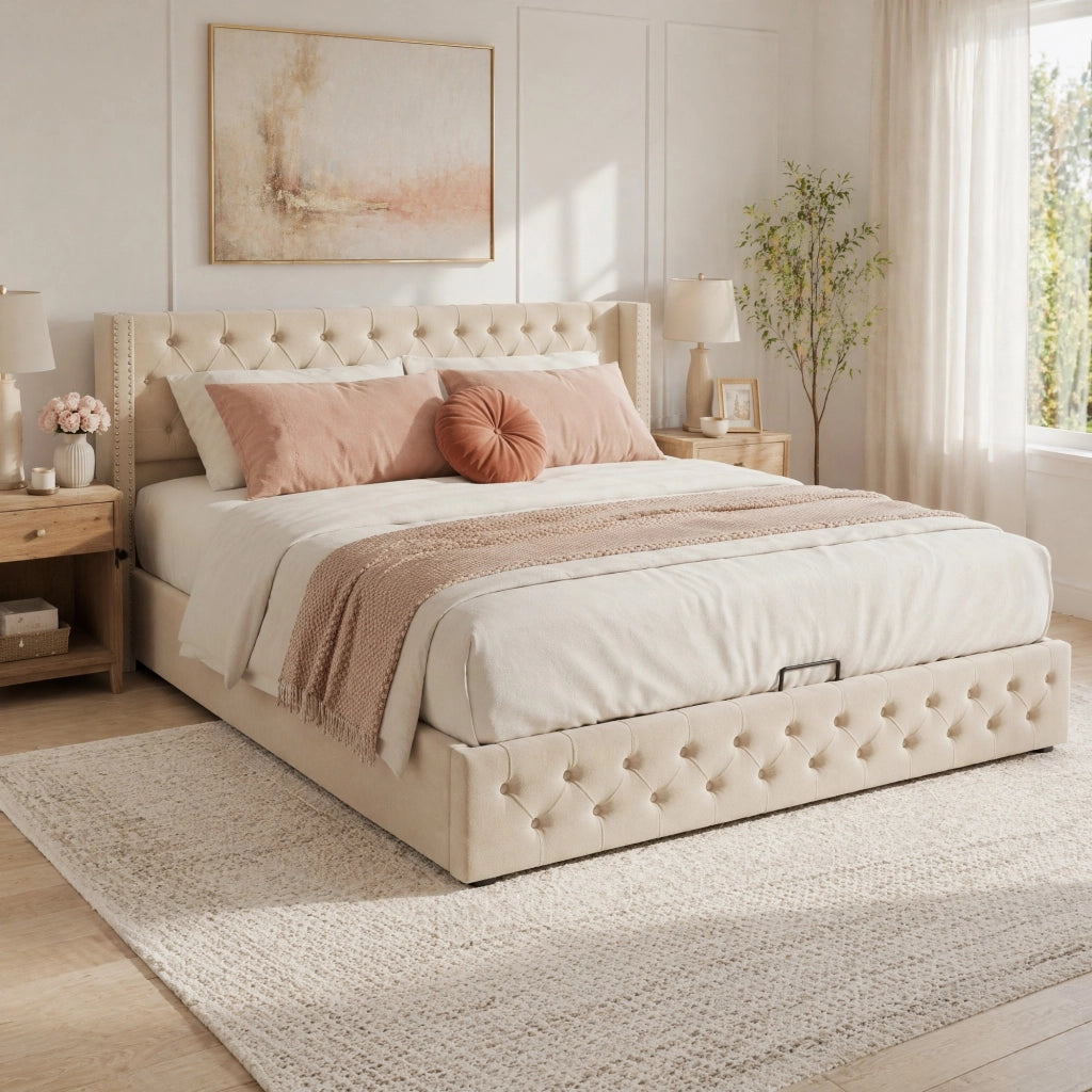 Letto contenitore imbottito in velluto beige 160x200 cm con rete a doghe