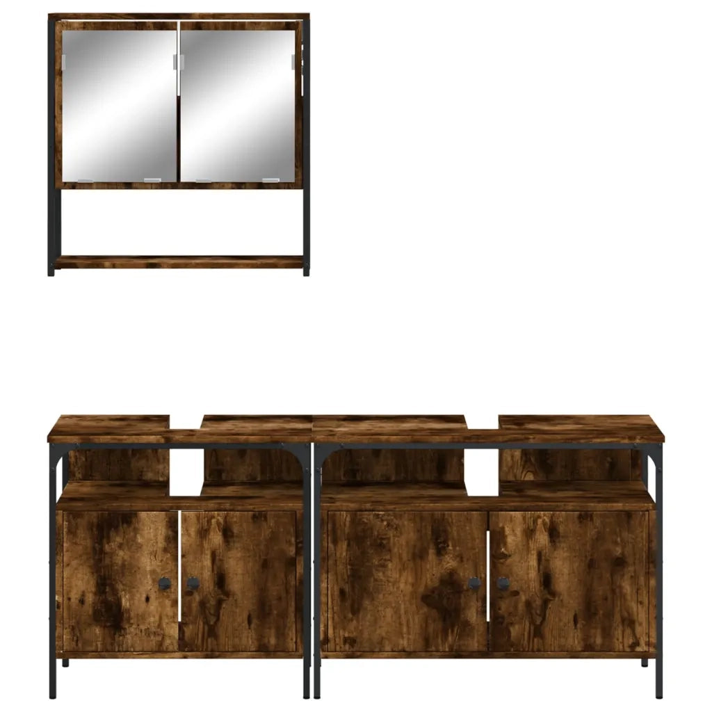 Set Mobili da Bagno | Armadio da bagno 3 pz Rovere Fumo in Legno Multistrato