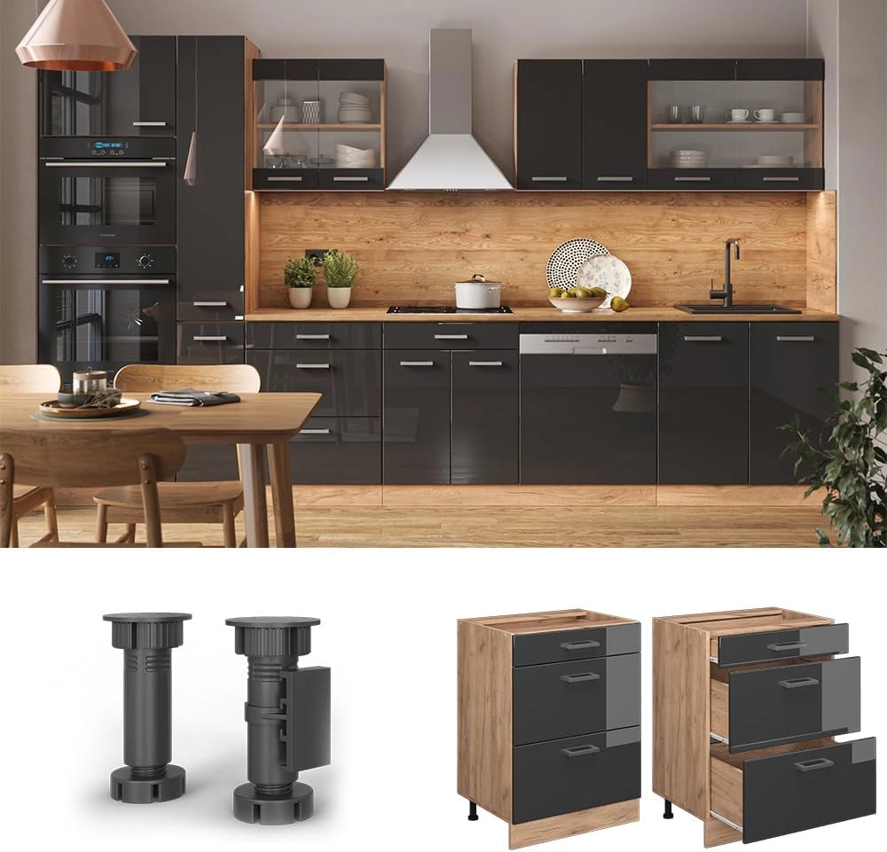 Mobiletto base per cucina R-Line, Antracite lucido, 60 cm con cassetti, senza piano di lavoro, per la libera combinazione all'interno di sistemi cucina modulari