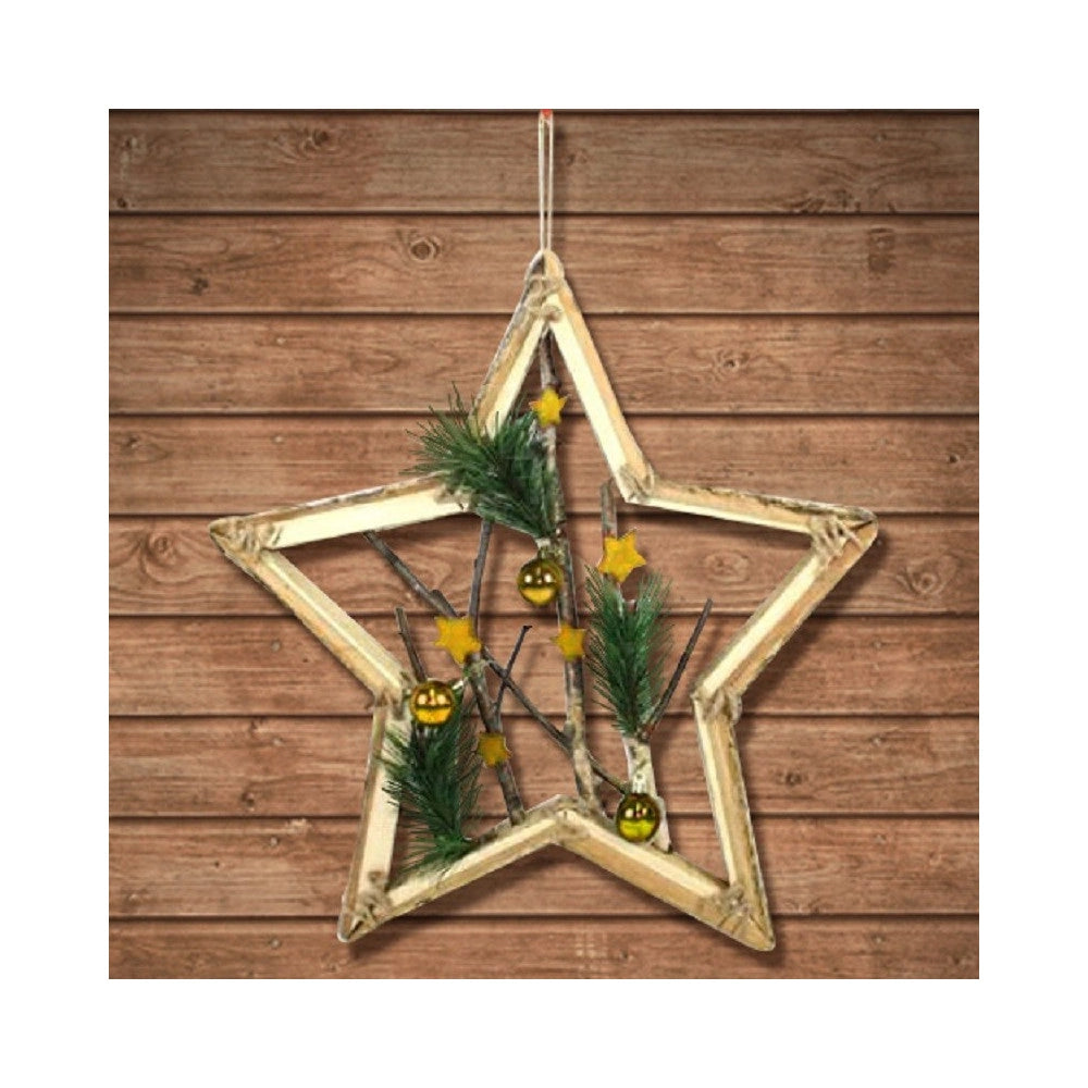 Trade Shop - Appendino Forma Stella In Legno Rami E Palline 42cm Oro Decorazione Natale -