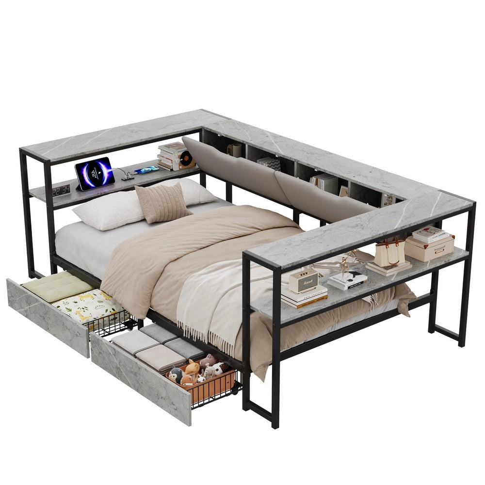 Letto Singolo Imbottito con 2 Cassetti e Rete a Doghe in Metallo ¨C Xylo ¨C 90x200, Grigio Cemento