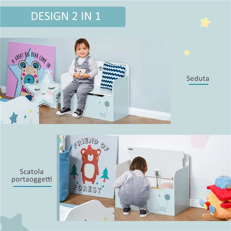 PANCA CONTENITORE CON SCHIENALE IN LEGNO PER BAMBINI DA 3-6 ANNI 60X30X50 CM AZZURRO