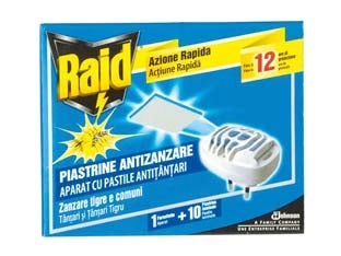 RAID ANTIZANZARE FORNELLETTO + 10 PIASTRINE- - 1 diffusore + 10 piastrine - 12 pezzi RAID