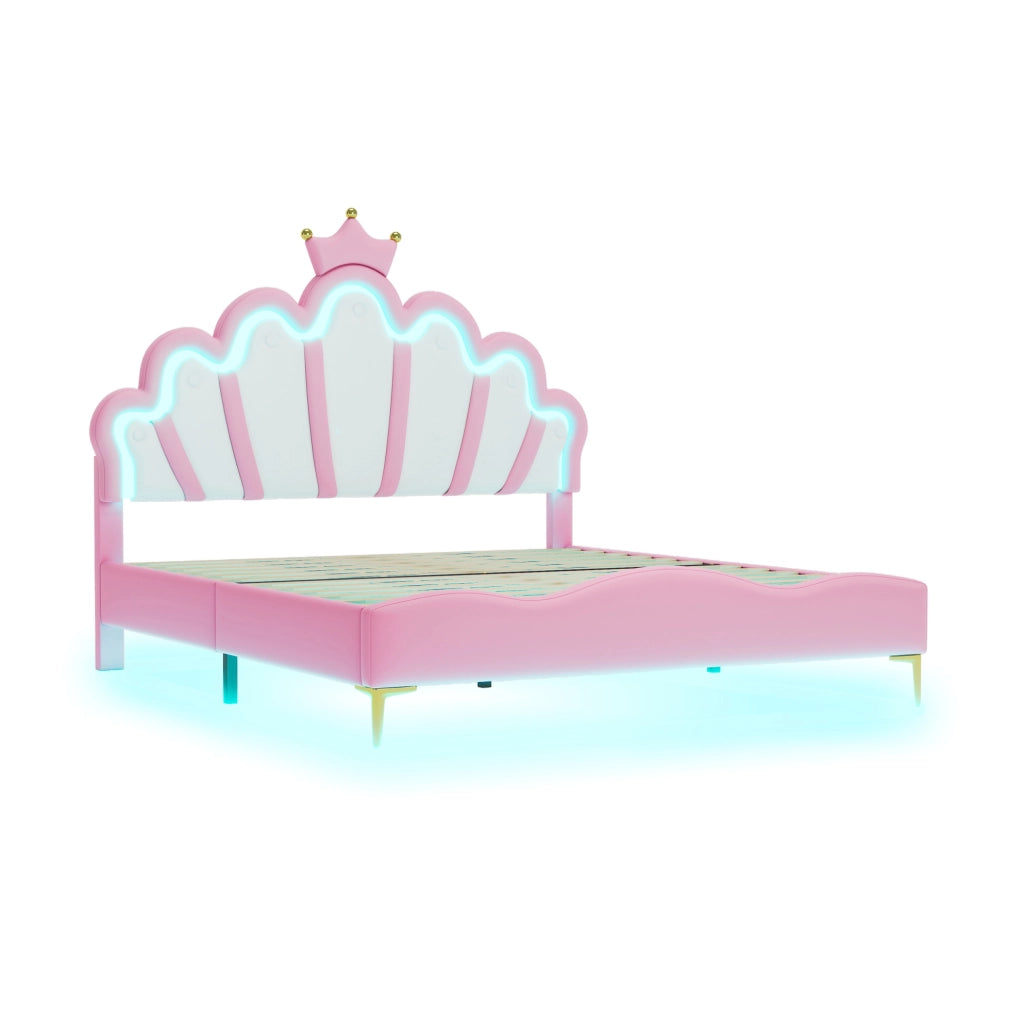 Letto matrimoniale 140x200 cm con luci LED; testiera a nuvola; similpelle PU; rosa