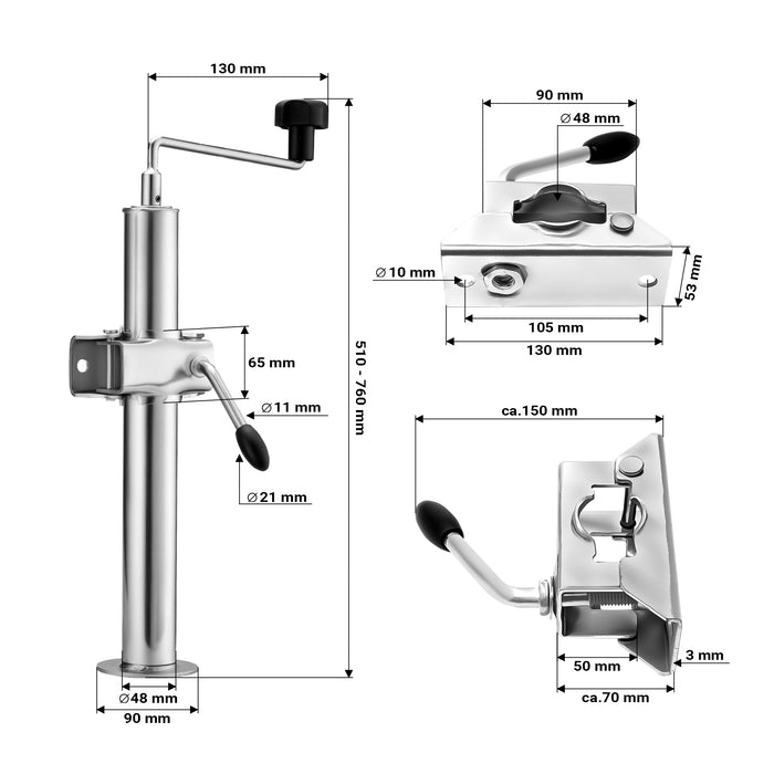 Supporto per rimorchio 2 pezzi altezza regolabile 510-760mm con 2 morsetti Ø48mm