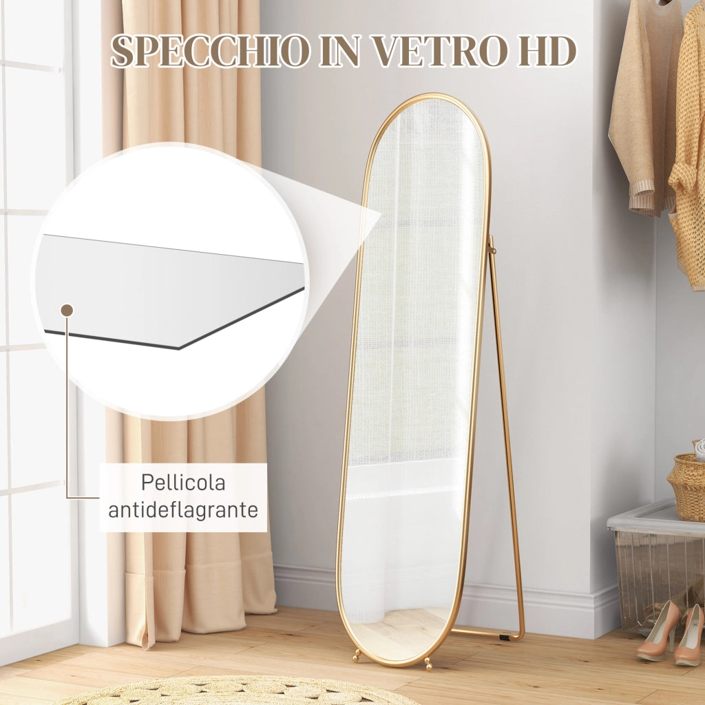 Specchio Verticale Ovale da Terra con Supporto, in Vetro e Metallo, 40x41x159 cm, Tonalit¨¤ Oro