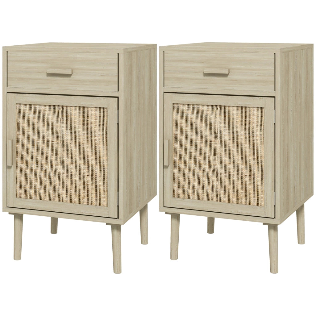 Set 2 Comodini per Camera da Letto con Cassetto e Anta 40x40x68,5 cm in Rattan Stile Boho Naturale