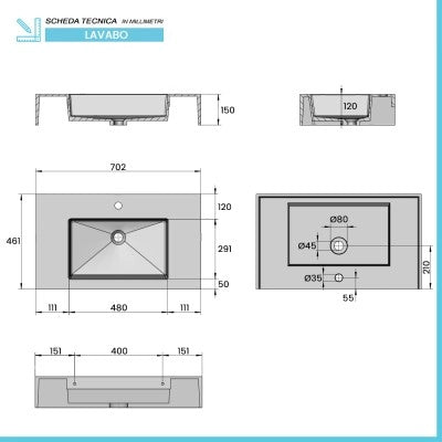 Lavabo sospeso 70 cm in resina bianco lucido Lodi