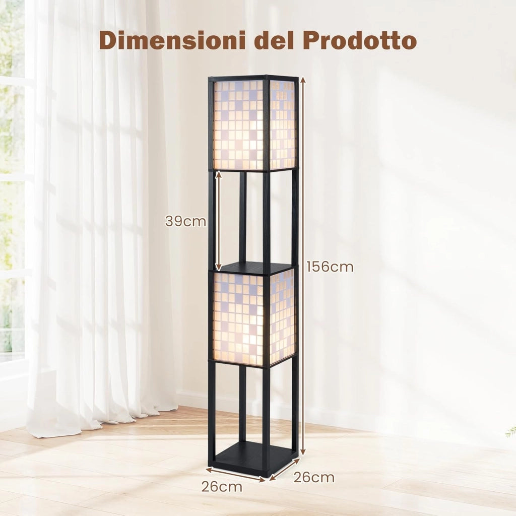 Lampada da Terra a 2 Luci con Mensole, Lampada a Stelo con 2 Paralumi Traforati, Catena a Strappo e Interruttore a Pedale, Richiede Lampadine E27, per Salotto e Camera da Letto (Quadrati)