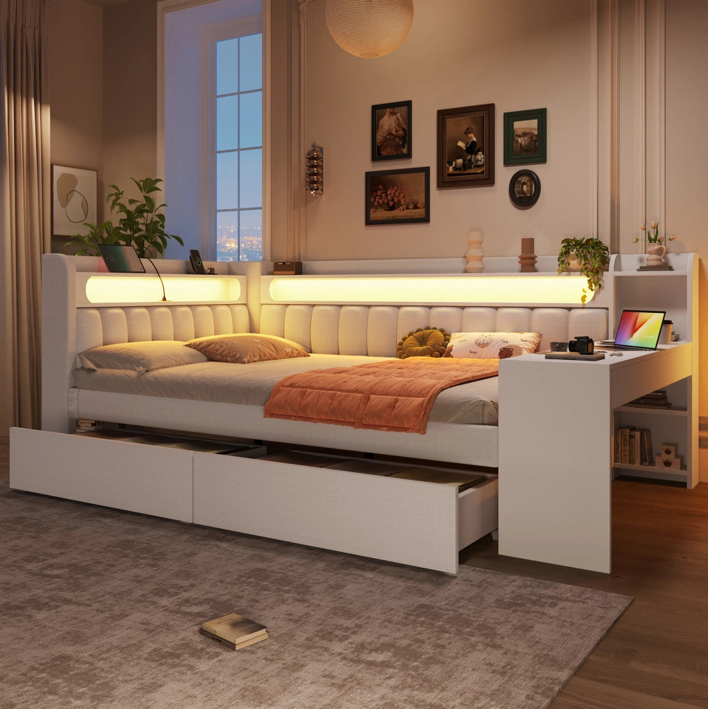 Letto daybed imbottito 140x200 cm con scrivania; 2 cassetti; LED e USB; bianco