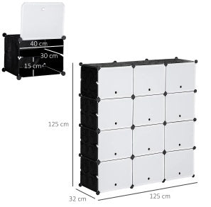 Scarpiera modulare 125x32x125 cm in plastica nera e bianca， 12 cubi