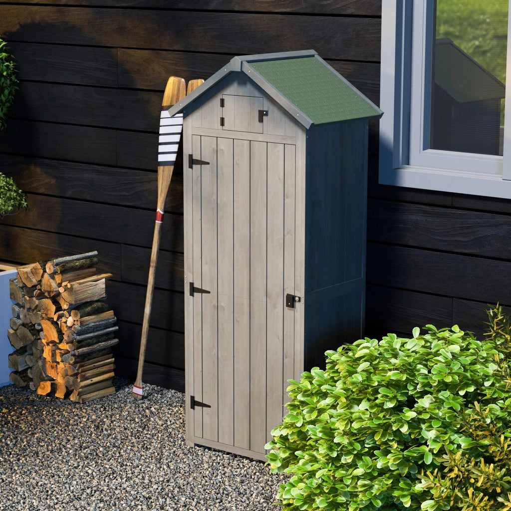 Armadio da giardino in legno con 3 ripiani removibili, tetto impermeabile e finestra, grigio, 77 × 54,2 × 179 cm