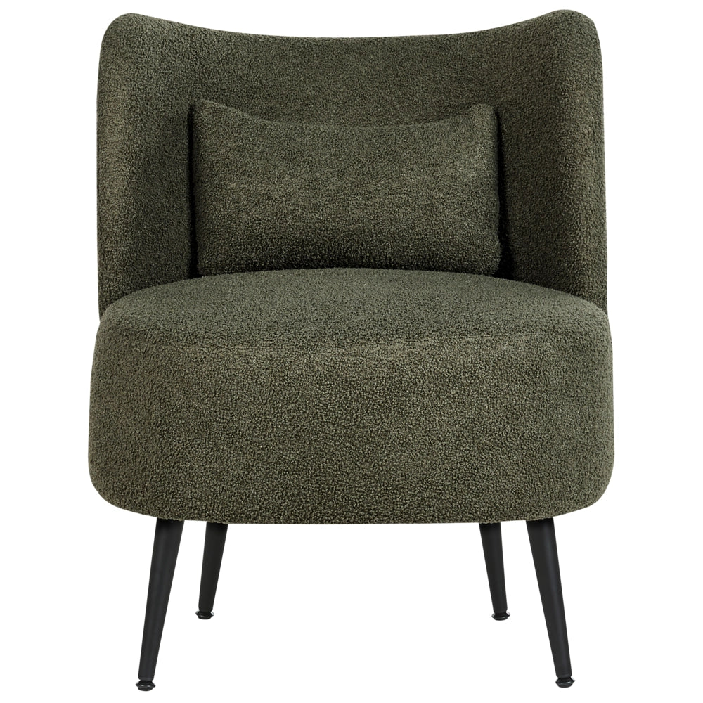 Poltrona da salotto con schienale curvo boucle verde scuro stile glam elegante soggiorno