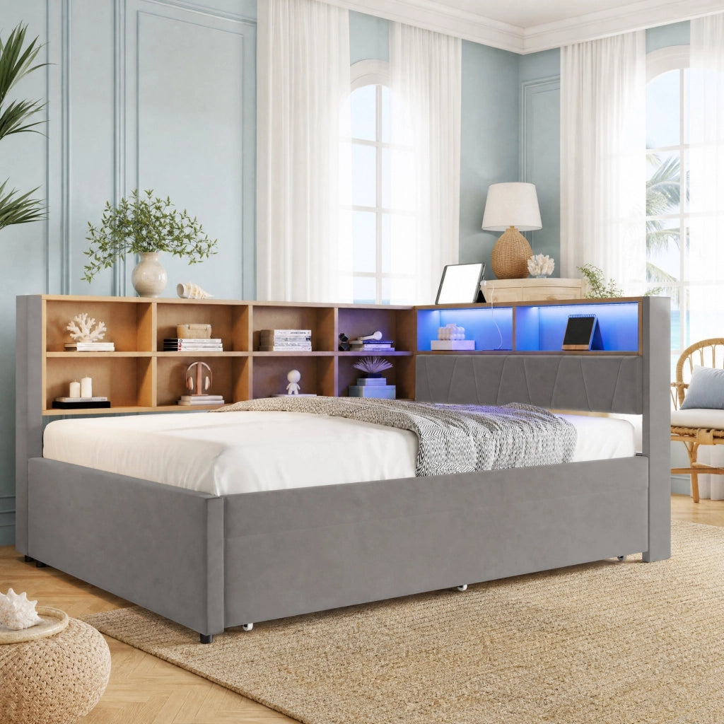 DESMIU Divano letto 140 × 200 cm 2 posti con LED, USB, Type-C e presa, senza materasso, in flanella grigio scuro