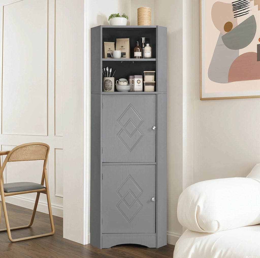 Mobile da bagno angolare in truciolare grigio con vani aperti e ante decorate