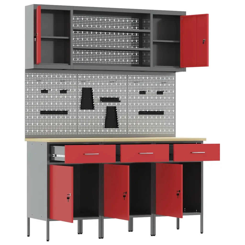 Mobile da lavoro 7 pcs Rosso Legno ingegnerizzato e acciaio 3321431