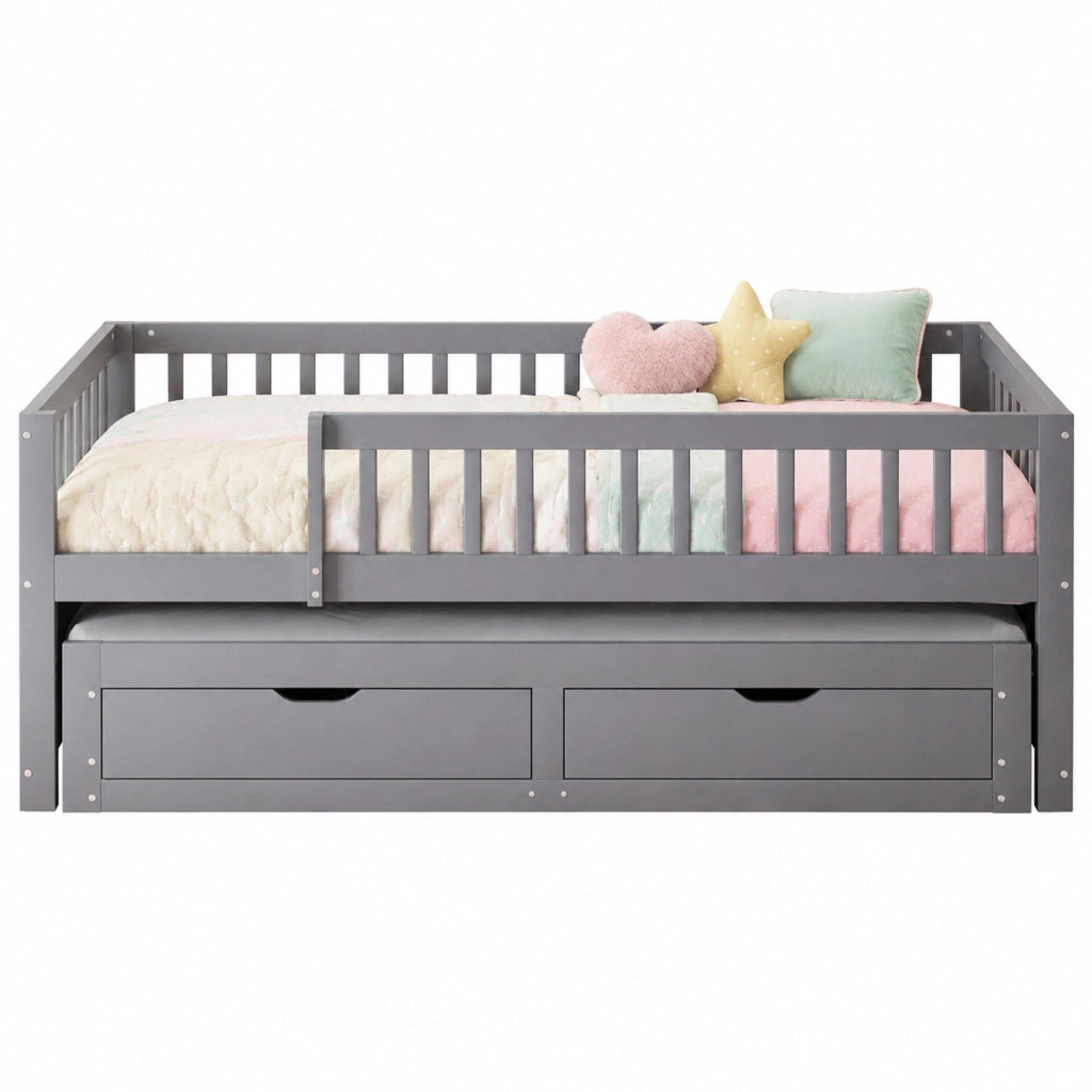 DESMIU Lit divano 90 × 200 cm 1 posto con letto estraibile, 2 cassetti, barriera di sicurezza, senza materasso, grigio
