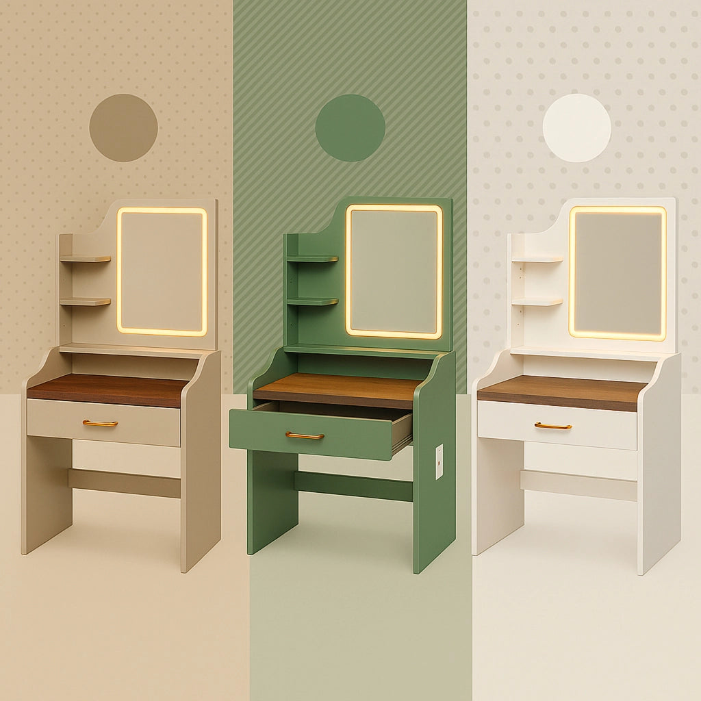 Afrodite - Toeletta Trucco con Luce LED Cassetto 3 Ripiani e Prese Postazione Make Up in Legno Tortora