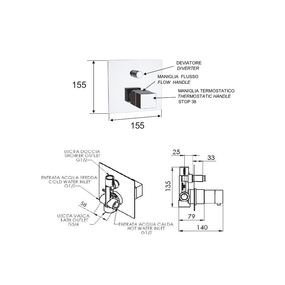 Rubinetto termostatico vasca-doccia da incasso - serie qubika thermo