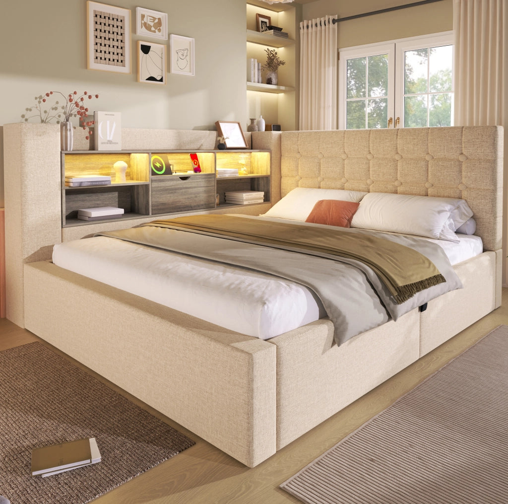 Letto matrimoniale 140x190 cm beige con LED, ricarica USB-C e vano contenitore