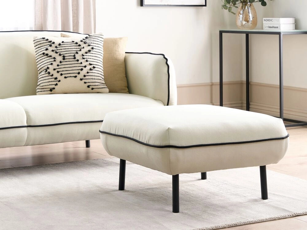 Ottomano poggiapiedi in tessuto beige chiaro imbottito metallo gambe nere poggiapiedi quadrato imbottito bordi decorativi neri Retro Glam