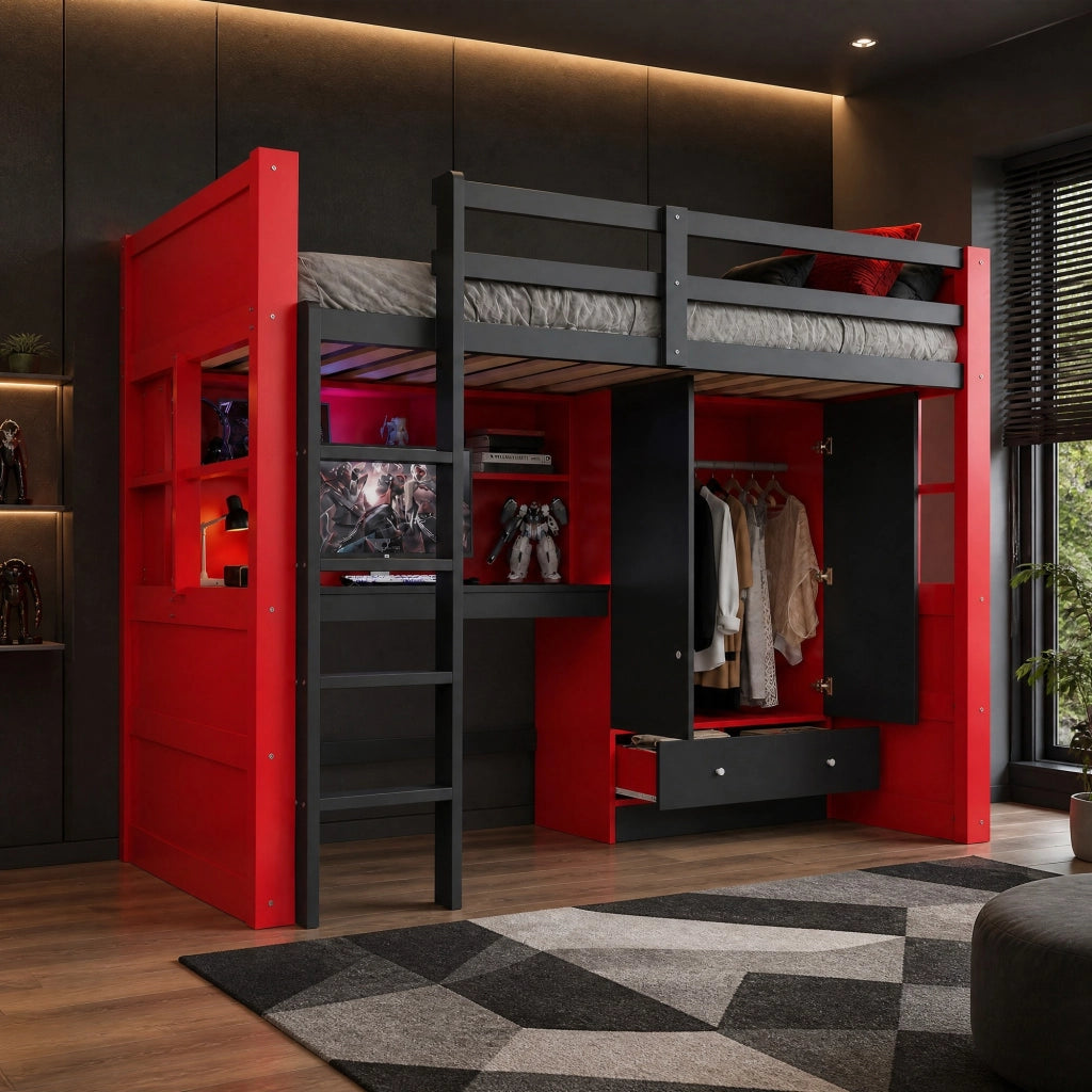 Letto a soppalco 90x200 cm in stile e-sport; con LED; prese; scrivania e armadio; nero e rosso