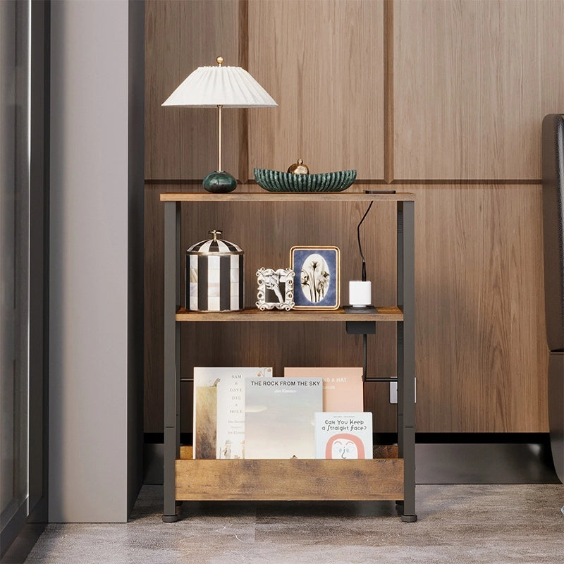 Libreria da soggiorno marrone con porta USB, stile loft rustico
