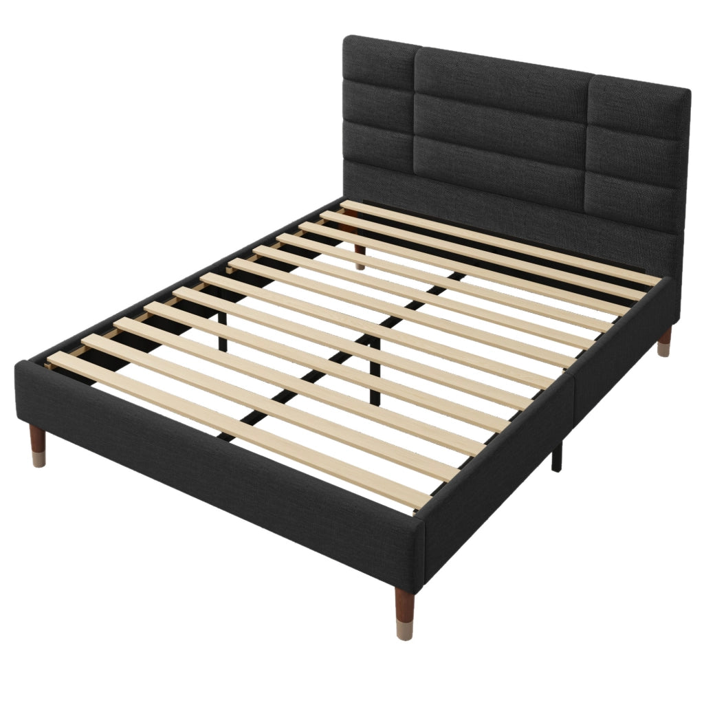 Letto imbottito 140x200 cm con rete; testiera comoda; legno; nero (Senza materasso)