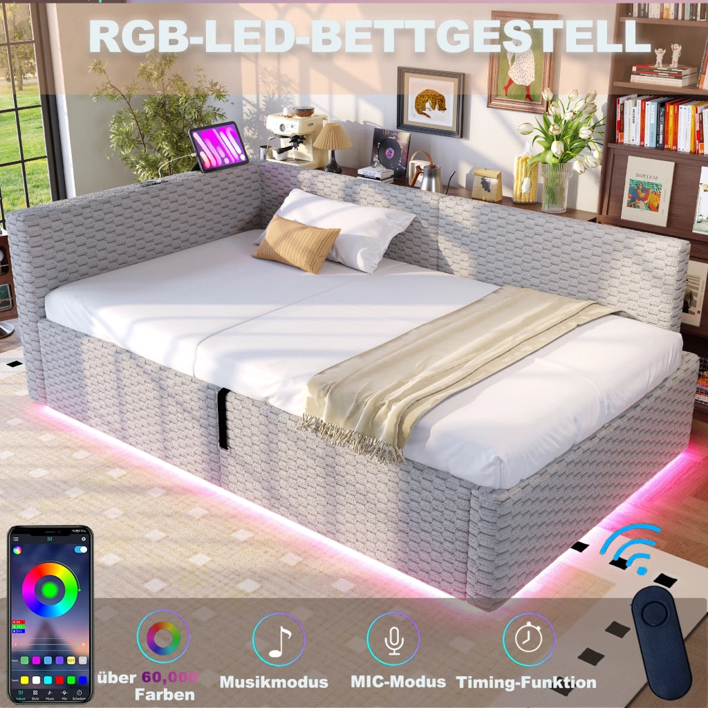 Letto divano 90 × 200 cm con contenitore idraulico, LED, 2 USB et Type-C, senza materasso, in velluto grigio