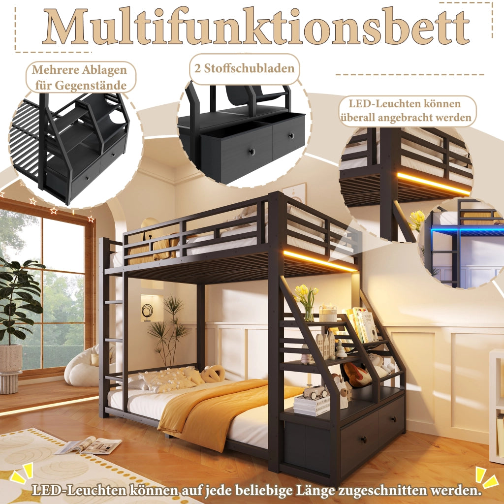 Letto a castello 90x200 cm salvaspazio con illuminazione LED e 2 cassetti in tessuto; metallo nero