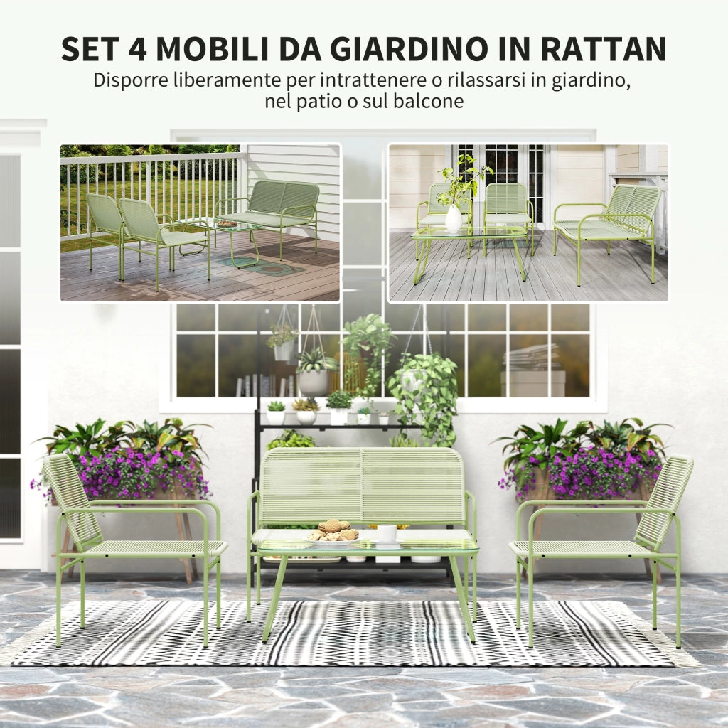 Set Salotto da Giardino con Divanetto Poltrone e Tavolino con Piano in Vetro in Rattan PE Verde