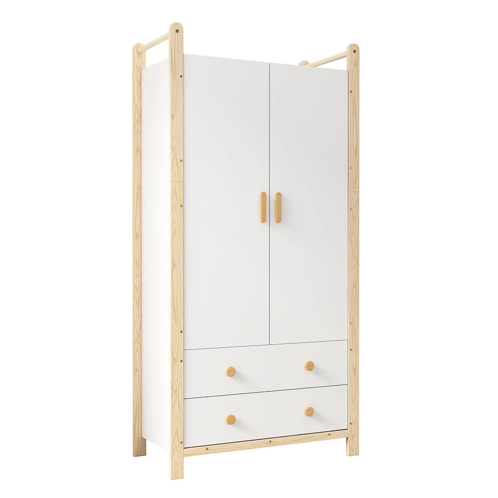 Armadio 2 ante 90x45x180 cm - Xylo - con appendiabiti, 2 cassetti, bianco e telaio pino, per camera