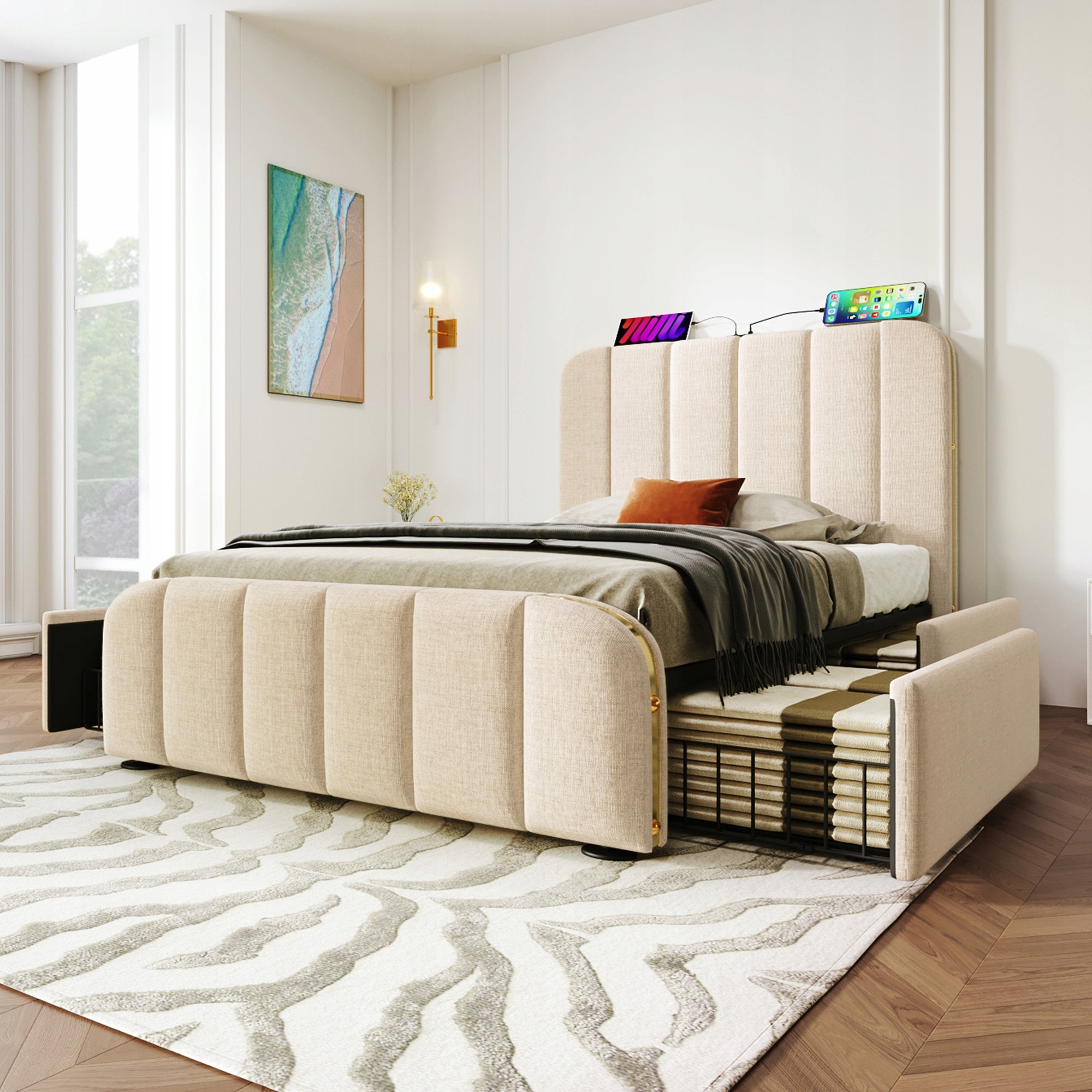 Letto singolo imbottito - Xylo - 90x200 - Dettagli dorati, USB-C, 4 cassetti