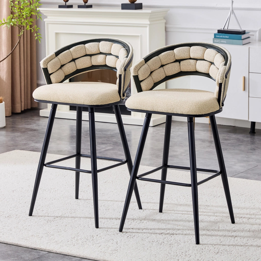 Sgabello da bar in velluto con schienale intrecciato e poggiapiedi, struttura in metallo beige nero 71 × 61 × 37 cm