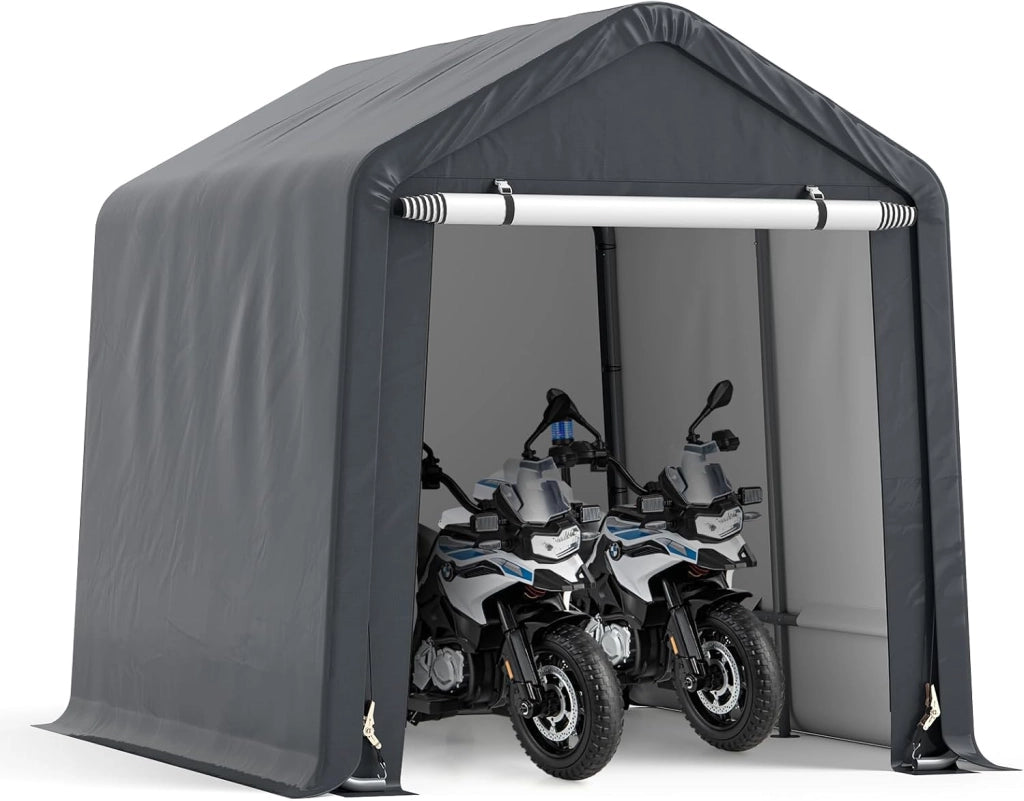 Capanno da Giardino 195 X 240 X 214 CM, Tenda Garage per Bici Moto Attrezzi, con Copertura en PE Impermeabile, Porta con Cerniera, Telaio in Metallo, Picchetti, per Esterno, Grigio