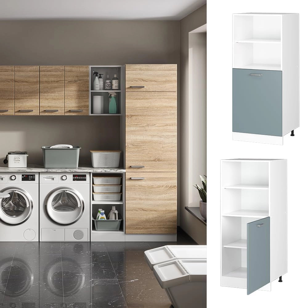 Dispensa universale R-Line, Grigio-blu, 60 cm con ripiani aperti e anta, per la conservazione di utensili domestici e per la pulizia
