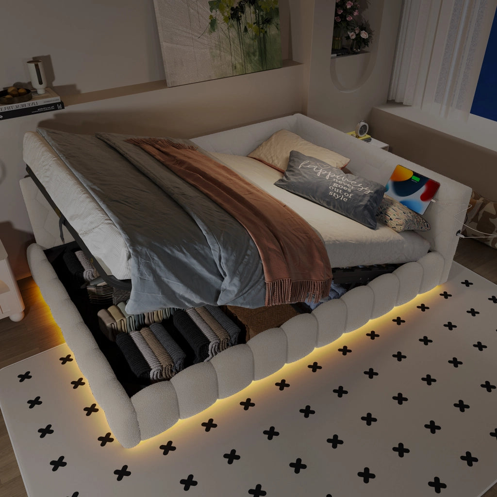 Letto imbottito 140x200 cm con contenitore idraulico e luce LED multicolore; bianco