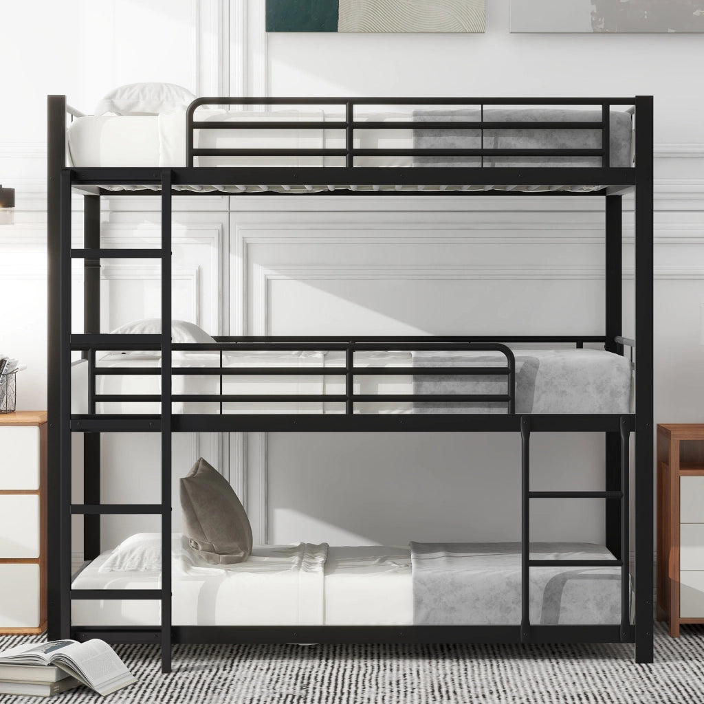 OKWISH Letto a Castello 90×200 cm, Letto 3 Posti con Scala Fissa, Sponde di Sicurezza e Salvaspazio, senza Materasso, Nero