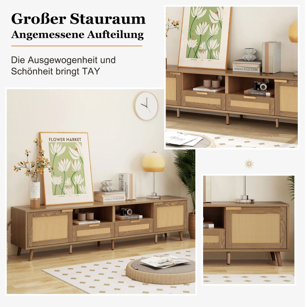 Mobile TV in rovere 200×37×49 cm con rattan sintetico e 2 cassetti
