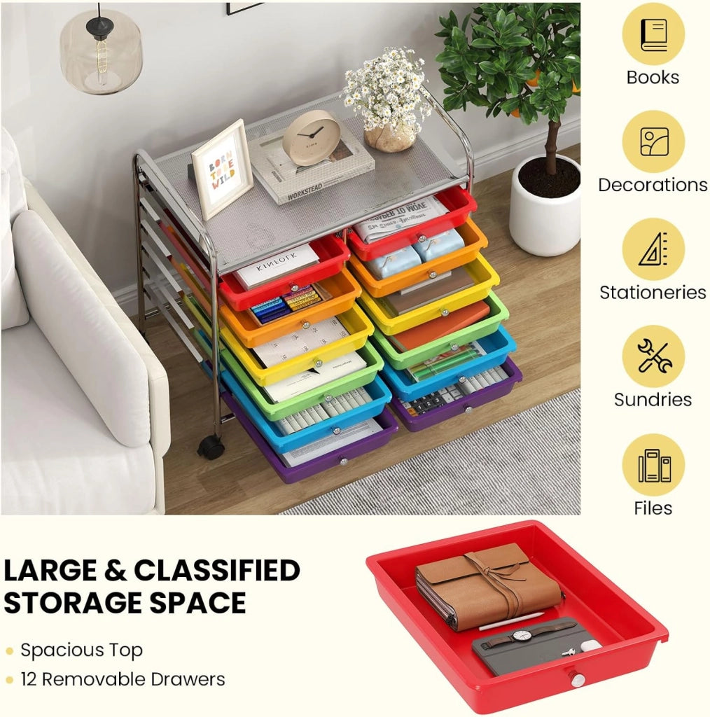 Carrello con 12 cassetti impilabili, carrello per cassetti con ruote e piano di lavoro, carrello per soggiorno, cucina, camera da letto e uffici, 64 x 38 x 62 cm (colorato)