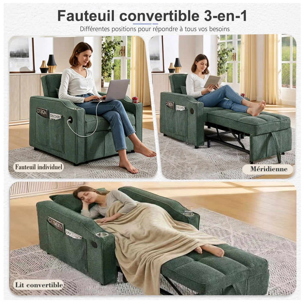 Fauteuil convertible con funzione letto, schienale regolabile, USB e portabicchieri, in tessuto verde 190 cm