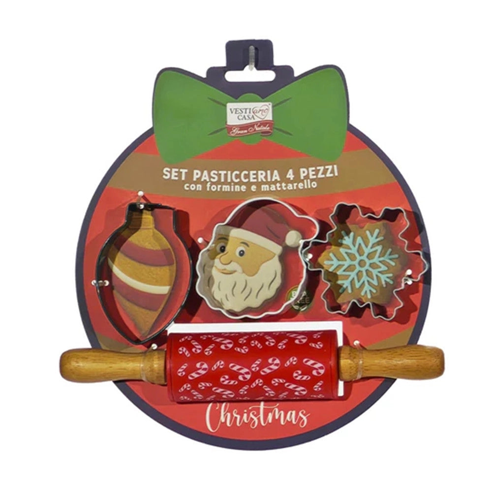 Trade Shop - Set 4 Pezzi Pasticceria Con Formine Tema Natalizie Per Dolci + Matterello In Silicone -