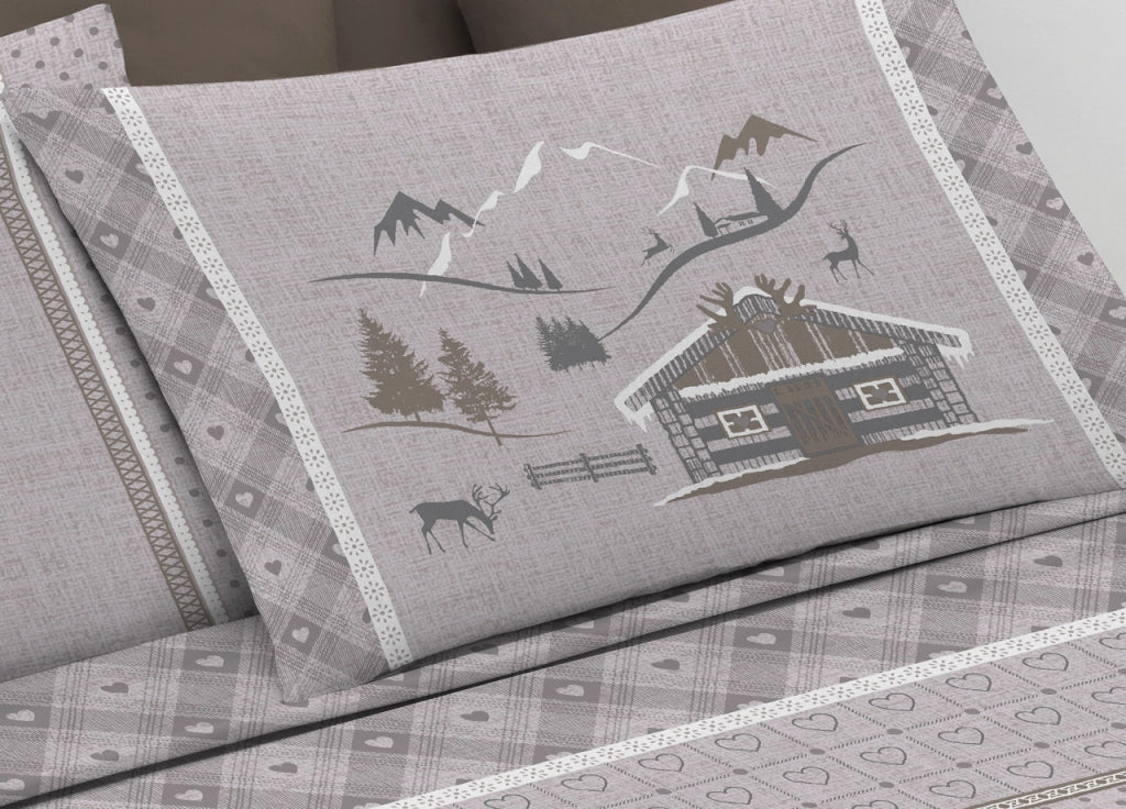 Completo Lenzuola Flanella Pensieri Delicati 100% Cotone Disegno Chalet - Singolo - Beige