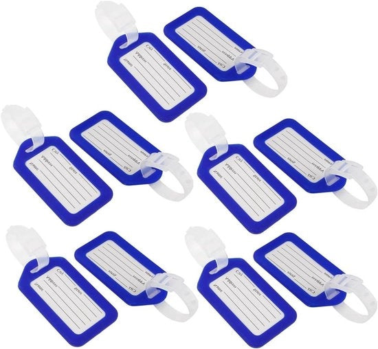 Etichette per bagagli in plastica rigida, ID, nome, hanger di viaggio, 10 pezzi, blu, bianco.