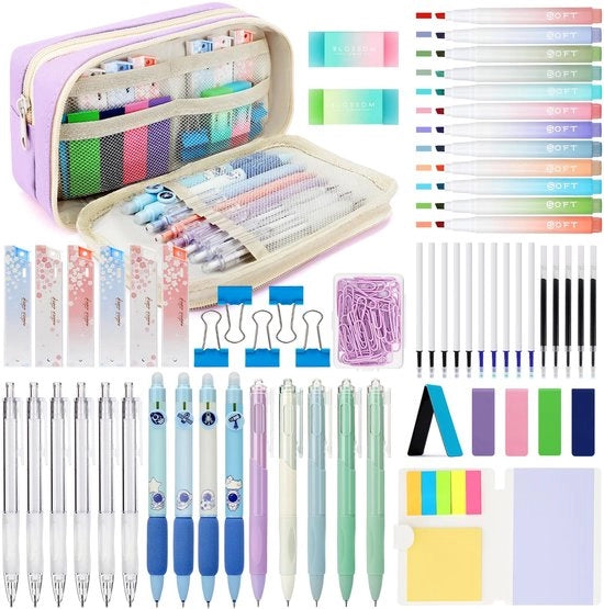 Set di scuola per ragazze con 63 articoli, astuccio per ragazze con stile elegante, 12 matite color pastello, 5 pennarelli, 6 matite a sfera meccaniche, 4 pennarelli erasabili, set di scrittura e disegno per ragazze, colore viola