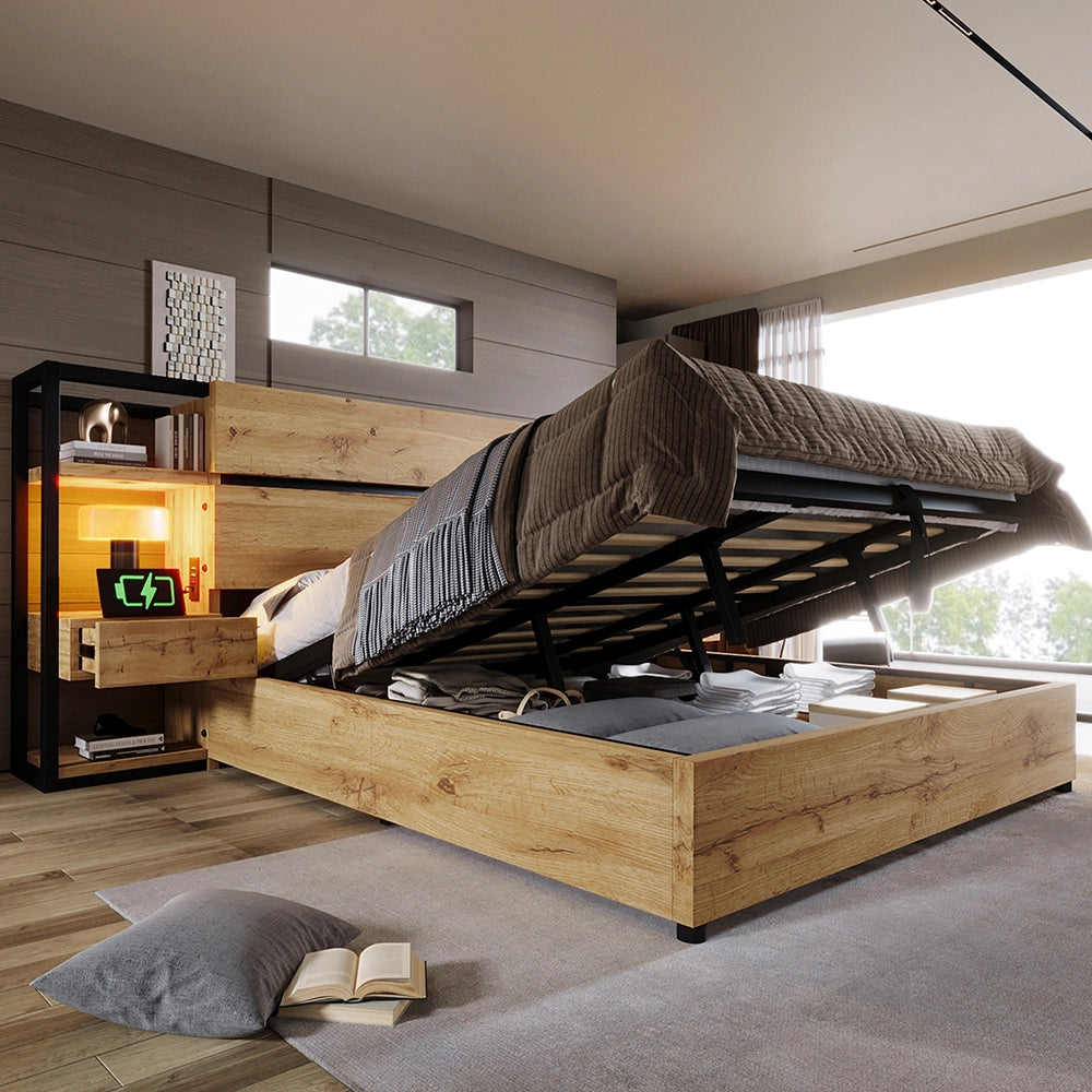 Letto matrimoniale-Xylo-160x200 cm-contenitore idraulico, USB/Type-C, testiera, quercia